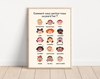 French Educational Poster for French Classroom and Nursery, Emotions, Feelings, Homeschool printables.