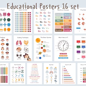Juego de carteles educativos para salas de juegos y niños pequeños, impresiones para imprimir en casa y para la escuela, arte de pared educativo colorido, póster de aprendizaje.