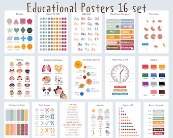 May include: A set of 16 educational posters for children. The posters cover a variety of topics, including shapes, counting, the alphabet, months of the year, fractions, feelings, calming techniques, the solar system, telling time, colors, multiplication, math symbols, weather, and days of the week. The posters are illustrated with colorful drawings and feature a variety of fonts.