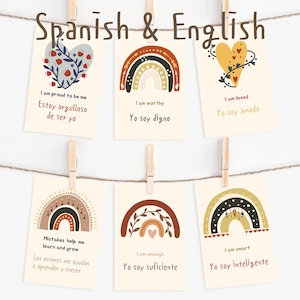 20 Rainbow Boho Spanish Affirmation Cards For Kids , Printable Positive Encouragement Cards , Inspiration Cards For Bilingual Spanish