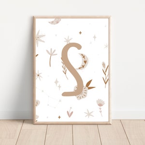 Impressão da letra S do monograma Boho, inicial S personalizada, arte personalizada do monograma Boho com letras, decoração de parede para quarto, download digital