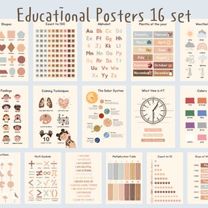 Juego de carteles educativos para salas de juegos y niños pequeños, impresiones para imprimir en casa y para la escuela, arte de pared educativo bohemio, póster de aprendizaje, alfabeto.