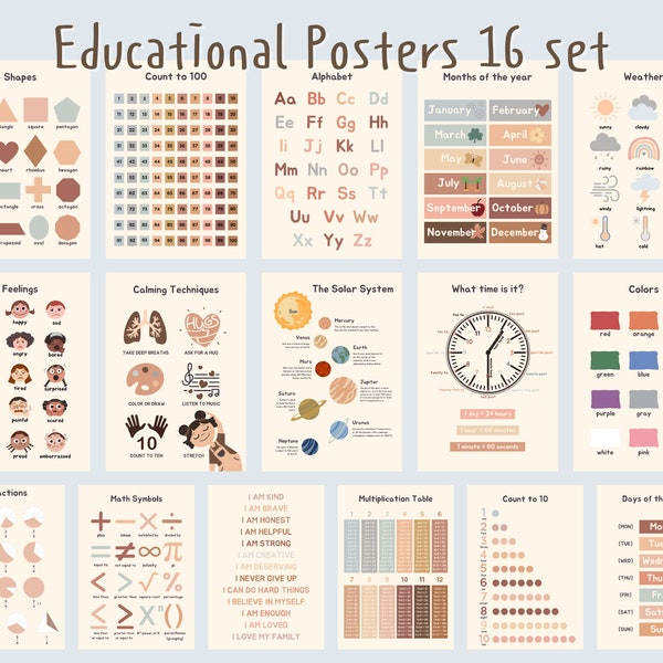 Poster educativi set per sala giochi e bambini e bambini piccoli, stampe stampabili per la scuola domestica, arte murale educativa Boho, poster di apprendimento, alfabeto.