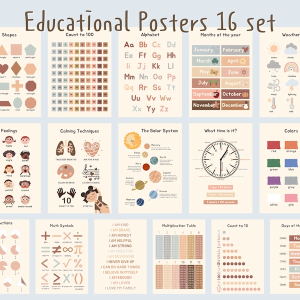 Educational Posters Set For Playroom and Kids and Toddlers,Printable Home School Prints, Boho Educational Wall Art,Learning Poster,Alphabet.