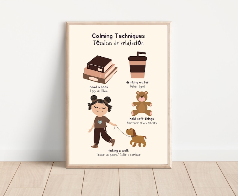 Pu&ograve; includere: Un poster stampabile con tecniche di rilassamento in inglese e spagnolo. Il poster presenta illustrazioni di una ragazza che porta a spasso un cane, beve acqua, legge un libro e tiene un orsacchiotto.