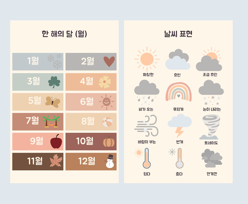 May include: A chart in Korean with illustrations depicting the months of the year and weather conditions. The months are represented by icons such as snowflakes, hearts, shamrocks, flowers, butterflies, suns, palm trees, beach balls, apples, pumpkins, maple leaves, and snowmen. The weather conditions are represented by icons such as sunshine, clouds, rain, rainbows, snow, wind, lightning, and tornadoes. The chart also includes a thermometer to indicate hot and cold temperatures.