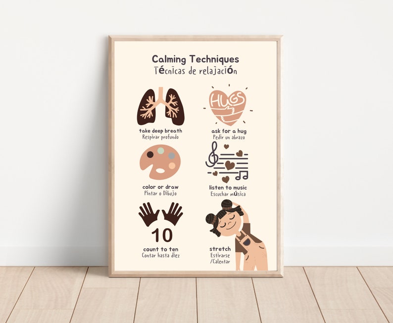 Pu&ograve; includere: Un poster stampabile con tecniche di rilassamento per bambini. Il poster presenta illustrazioni di un cuore, i polmoni, una tavolozza di colori, note musicali, mani che contano fino a dieci e una persona che si stira. Il testo sul poster &egrave; in inglese e spagnolo.