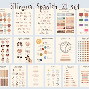 Juego de carteles educativos bilingües en español para niños y bebés, impresiones imprimibles para el hogar y la escuela, arte de pared educativo, póster de aprendizaje.
