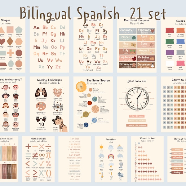 Tweetalige Spaanse educatieve posters set voor kinderen en peuters, afdrukbare thuisschool prints, educatieve kunst aan de muur, leren poster.