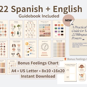 Bilingual Spanish Educational Posters for Kids, English Spanish Classroom Decor, Homeschool Preschool Printable Set + Guidebook