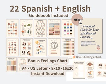Tweetalige Spaanse educatieve posters voor kinderen, Engels Spaans klasdecor, afdrukbare set voor peuters en kleuters + gids