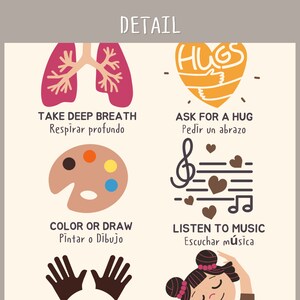 May include: A colorful poster with illustrations and text in both English and Spanish. The poster features four tips for managing stress: take deep breaths, ask for a hug, color or draw, and listen to music.