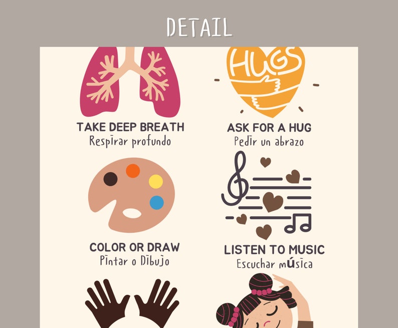 May include: A colorful poster with illustrations and text in both English and Spanish. The poster features four tips for managing stress: take deep breaths, ask for a hug, color or draw, and listen to music.