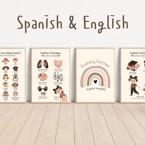 Set Of 4 Educational Posters,Bilingual Spanish Emotion,Calming Corner,Calming Strategies,Feelings Classroom Decor, Boho Style.