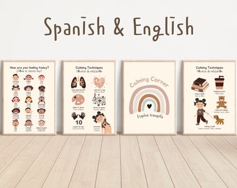 May include: Four printable posters in a classroom setting with calming techniques and emotions in Spanish and English. The posters feature illustrations of a rainbow, a heart, a teddy bear, a book, a cup of water, a dog, and a girl.