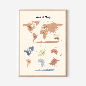 Educatieve wereldkaart muurkunstposter, continentenkaartafdruk, boho wereldkaartafdrukken voor kinderkamerdecoratie.