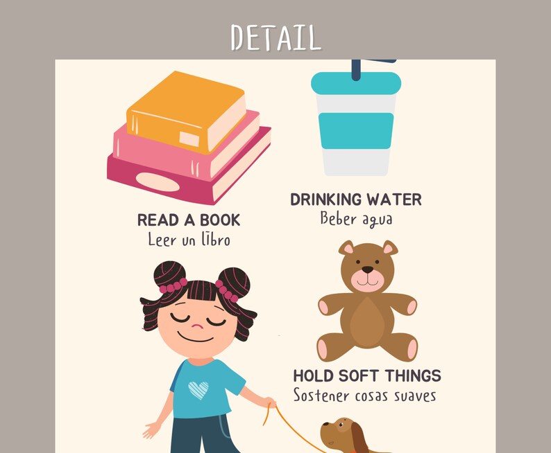 May include: Illustration of a girl holding a leash with a dog at the end. The girl is wearing a blue shirt with a heart on it. The dog is brown and white. The illustration is part of a larger image with tips for calming down. The tips include reading a book, drinking water, and holding soft things.