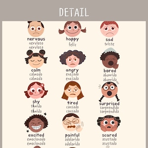 Pu&ograve; includere: Un grafico con illustrazioni di diverse espressioni facciali e le parole corrispondenti in inglese e spagnolo. Il grafico include emozioni come felice, triste, nervoso, calmo, arrabbiato, annoiato, timido, stanco, sorpreso, eccitato, doloroso e spaventato.
