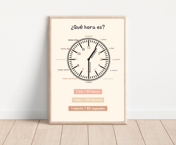 Telling Time Spanish Clock Poster for Kidseducational 