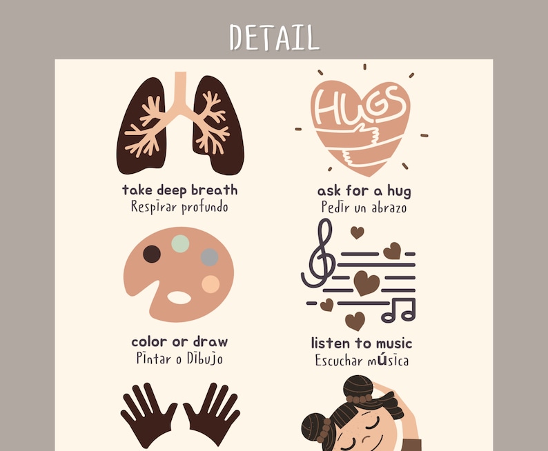 Pu&ograve; includere: Un poster colorato con illustrazioni e testo in inglese e spagnolo. Il poster presenta quattro suggerimenti per la cura di s&eacute;: respirare profondamente, chiedere un abbraccio, colorare o disegnare e ascoltare musica.
