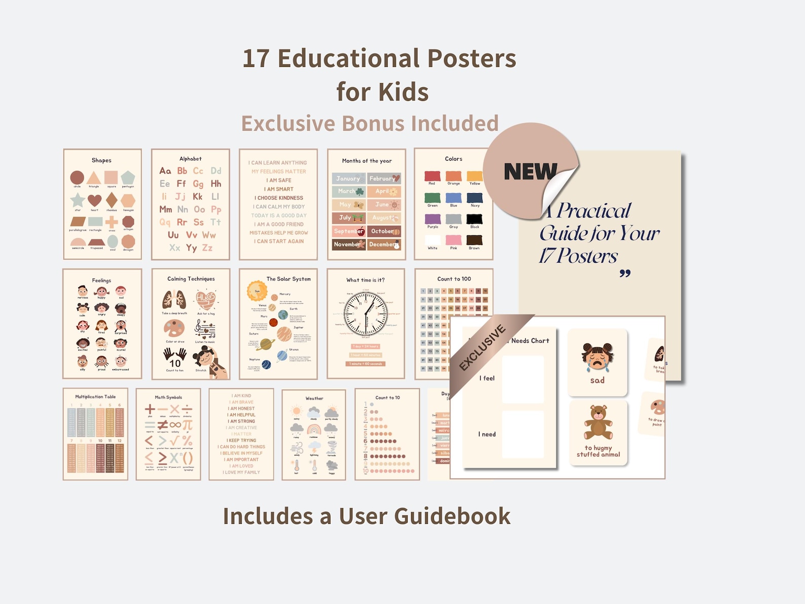 Boho Educational Posters Set + Guidebook + Feelings & Needs Chart for ...