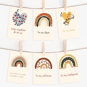 20 tarjetas de afirmación en español con diseño bohemio de arcoíris para niño, tarjetas de estímulo positivo imprimibles, tarjetas de inspiración.