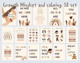May include: Set of 18 printable posters with positive affirmations and calming techniques for children. The posters feature illustrations of hands, rainbows, books, and a teddy bear. The text includes phrases like "All are welcome here", "You matter", "Cool kids read books", and "Be brave and kind".