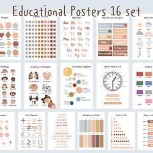 Juego de carteles educativos para niños y bebés, impresiones imprimibles para el hogar y la escuela, arte de pared educativo bohemio, póster de aprendizaje, alfabeto.