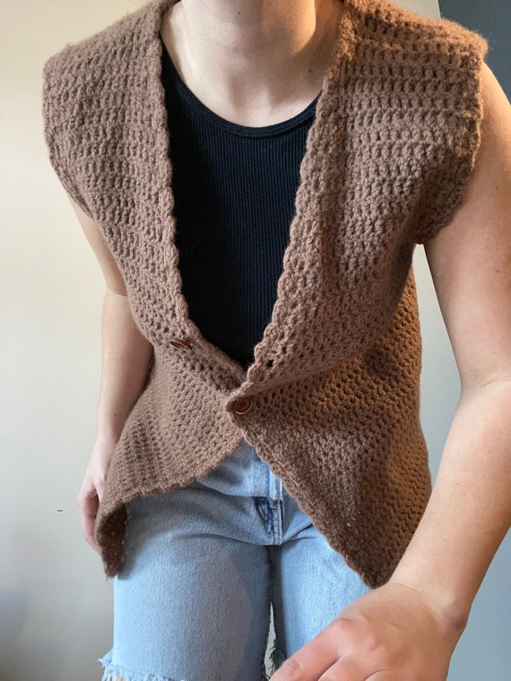 DRIFTEDTHRIFTED Brown Crochet Knit Sweater Vest