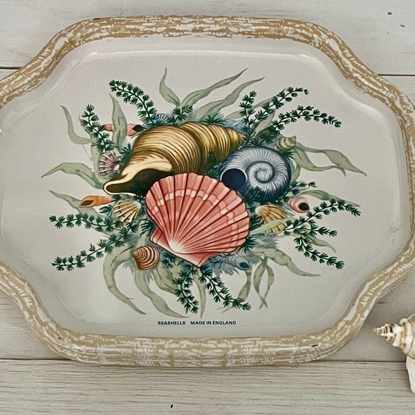Vintage small Tin Tray with colorful seashells on the front. Beach House, Nautical, Cottage, Boho. Made in England