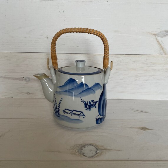 Vintage Ceramic Teapot With Bamboo Wrapped Handle Blue and Etsy