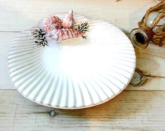 Vintage Scallop Shell Dish: Ceramic Trinket Ring Soap Dish, Portugal 1960s
