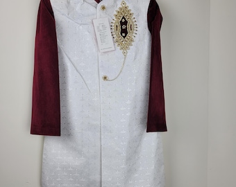 Boy's White and Velvet Burgundy/Blue Embroidered Sherwani Jacket