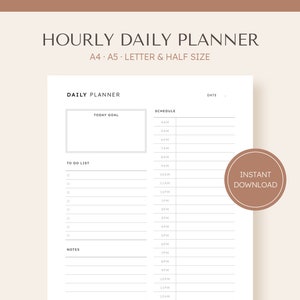 Hourly Daily Planner Printable, Day Organizer Inserts, To do list Pdf, Time Plan Schedule for work, Daily Task list template