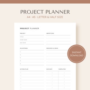 Projektplaner Printable | Arbeitsmanagement-Planer, Projektaktionsplan-Vorlage, Digital Business Planner, A5, A4, Letter, Half Letter