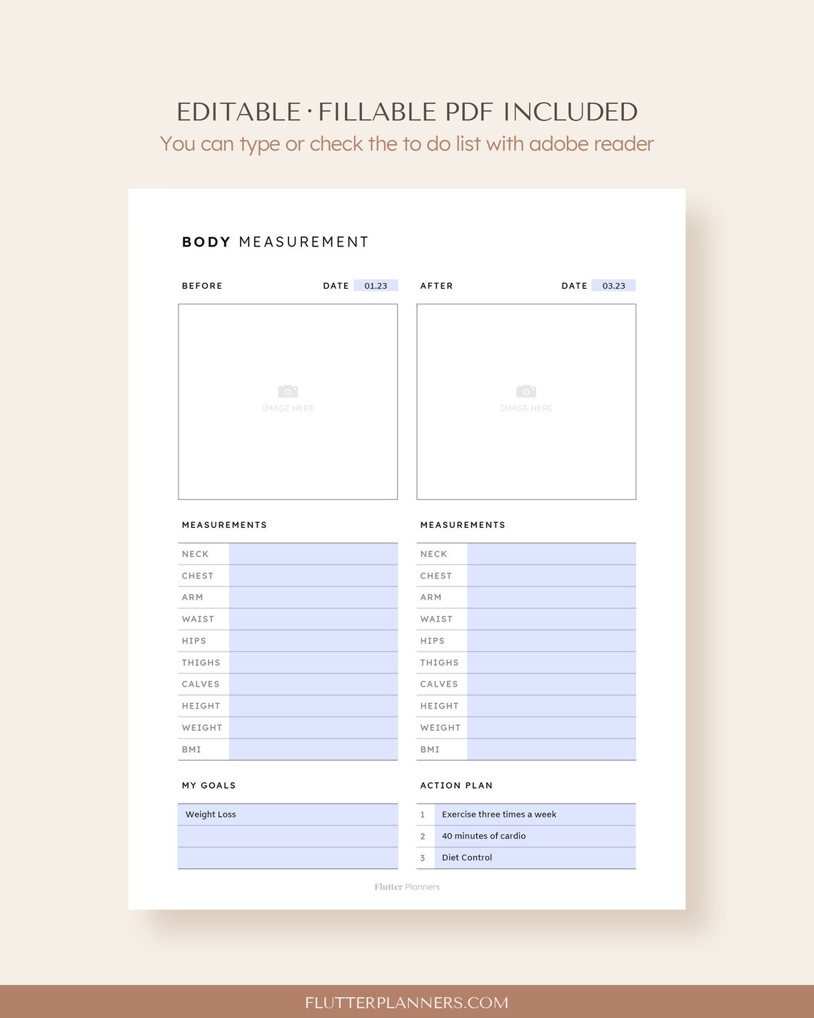 Body Measurement Printable Fillable Body Measurements Tracker, Fitness Planner Template, Fitness ...