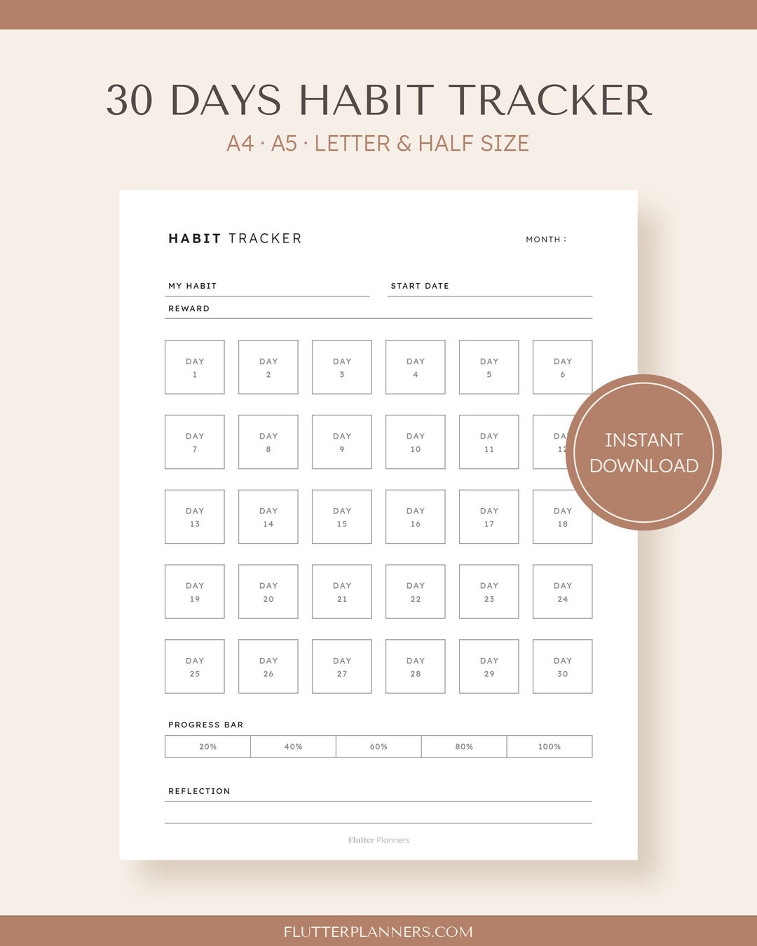 30 Days Habit Tracker Printable Daily Routine Checklist PDF, Monthly