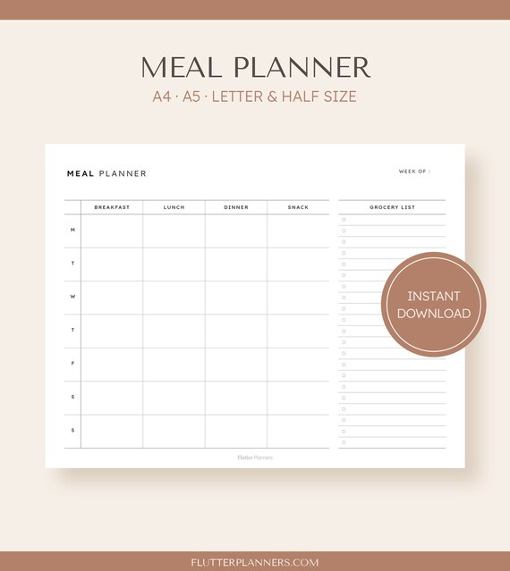 Meal Plan &amp; Grocery List Printable Menu Planner for the | Etsy