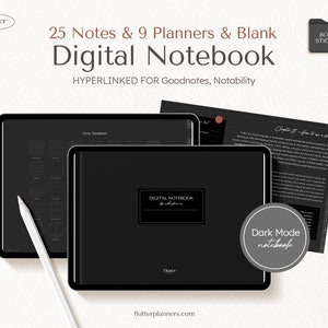 Horizontal Dark Mode Digital Notebook | 12 Hyperlinked Tabs for Notetaking Apps, Minimalist Students iPad Note, Planners Template