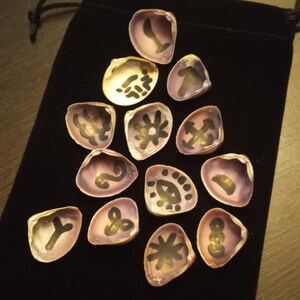 Può includere: Una pochette in velluto nero con chiusura a cordoncino contenente 12 piccole conchiglie. Ogni conchiglia ha un simbolo diverso dipinto in nero.