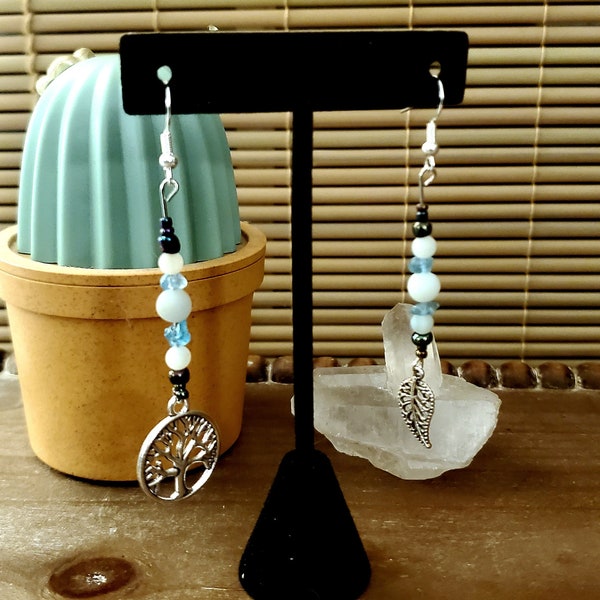 Amazonite and Blue Apatite Tree of Life and Leaf Earrings