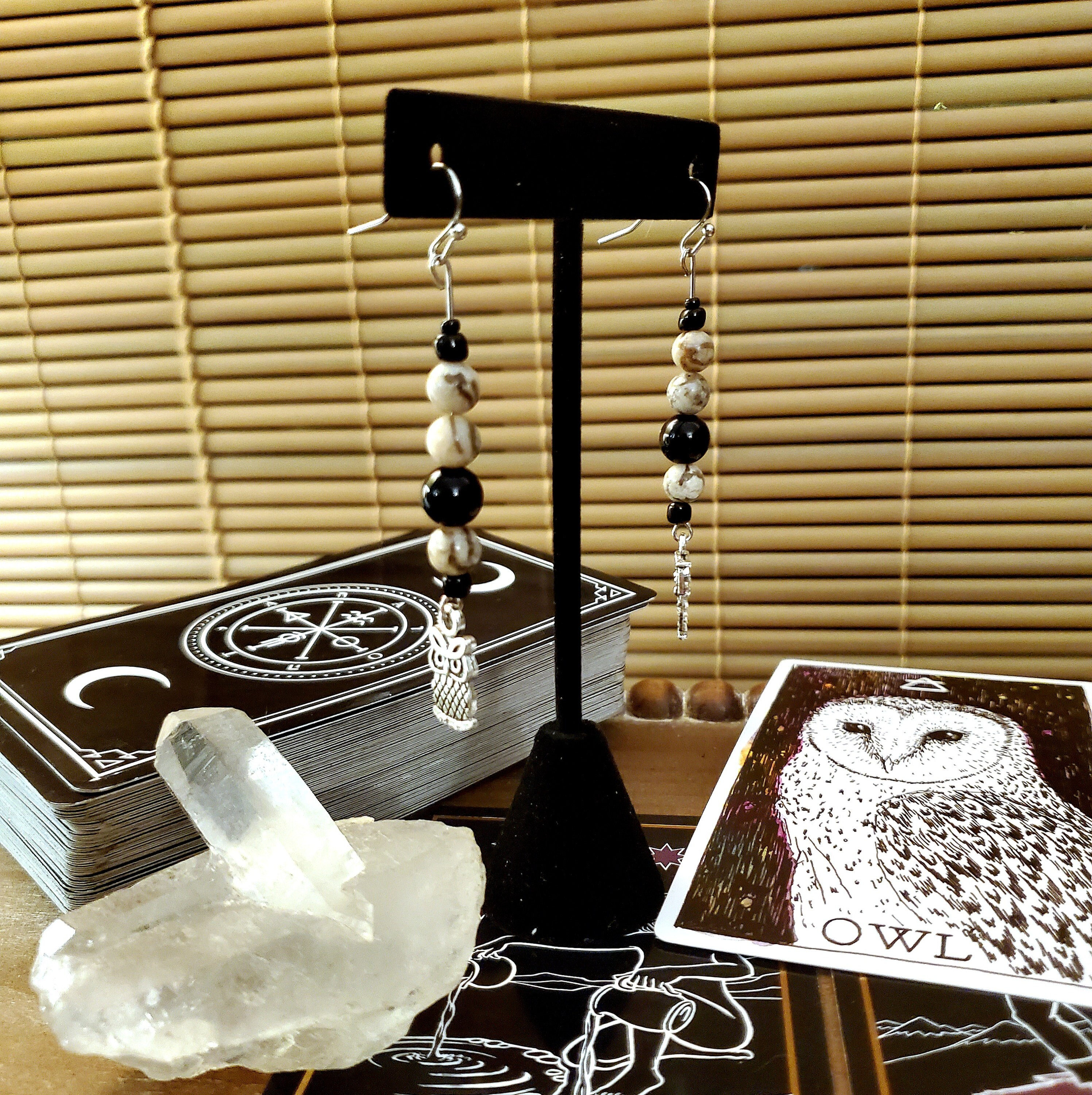 Owl, Feldspar & Black Jasper Earrings