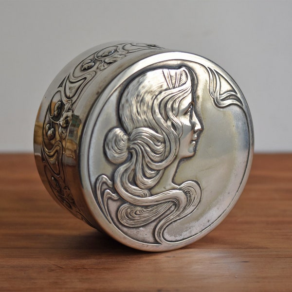 Silver-plated Art Nouveau WMF jewelry box with glass bowl