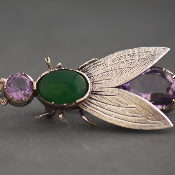 Victorian silver brooch, fly or bug with amethyst paste gems