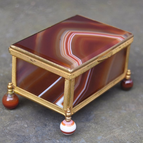 Antique Gilt Brass Jewelry Box with Banded Agate Panels