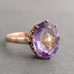 Antique Victorian 14K Yellow Gold Amethyst and Pearl Ring - Size US 6