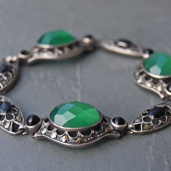 Art Deco silver 935 bracelet by Theodor Fahrner with chrysoprase, onyx and marcasite