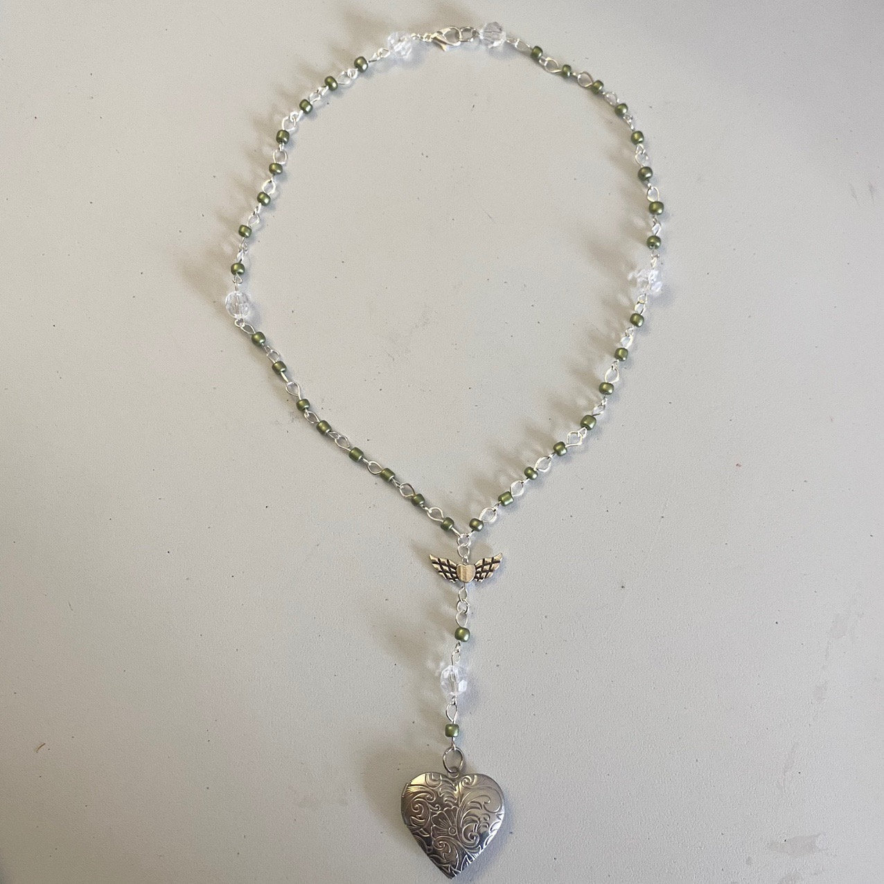 Handmade Green Heart Locket Rosary Style Necklace