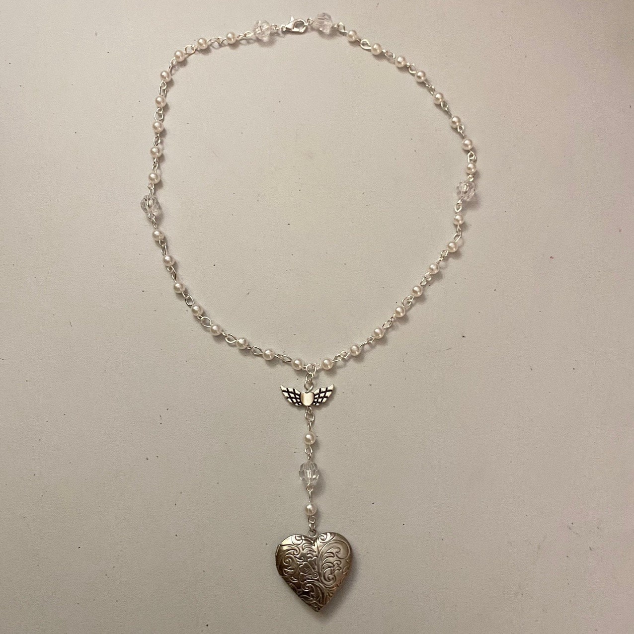 Handmade White Heart Locket Rosary Style Necklace