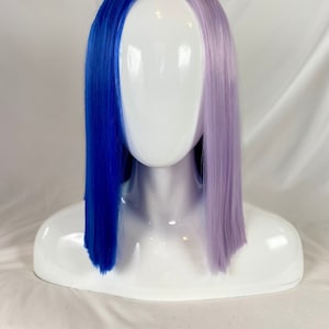 May include: A blue and lavender wig with straight, shoulder-length hair. The wig is split down the middle, with one side blue and the other side lavender.